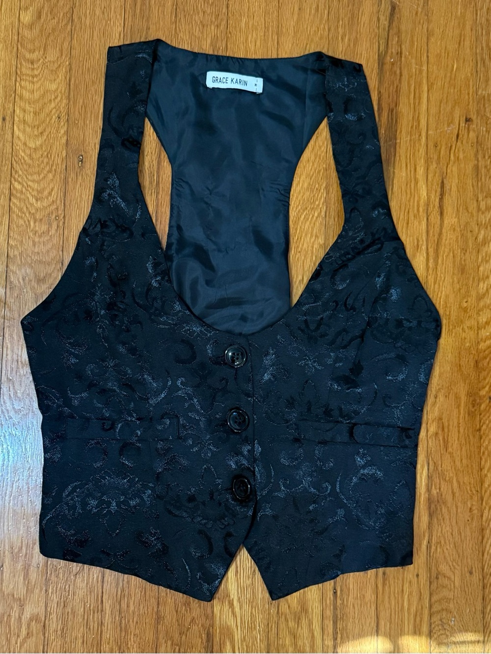Grace Karin Black Brocade Button-Front Vest Size Medium